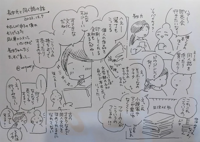 長女氏と同人誌の話。古のオタクゆえ同人文化を褒められるのに慣れていない……。 