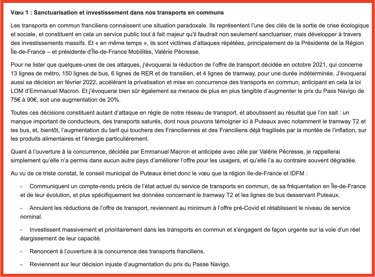 FPoezevara's tweet photo. Augmentation du #Navigo : voici le voeu que j'ai proposé en conseil municipal de #Puteaux lundi dernier ⤵️. @Joelle_CR a refusé de le signer. La droite est unie contre les transports en commun, contre notre qualité de vie quotidienne. #StopGalere https://t.co/DXtXD679dY