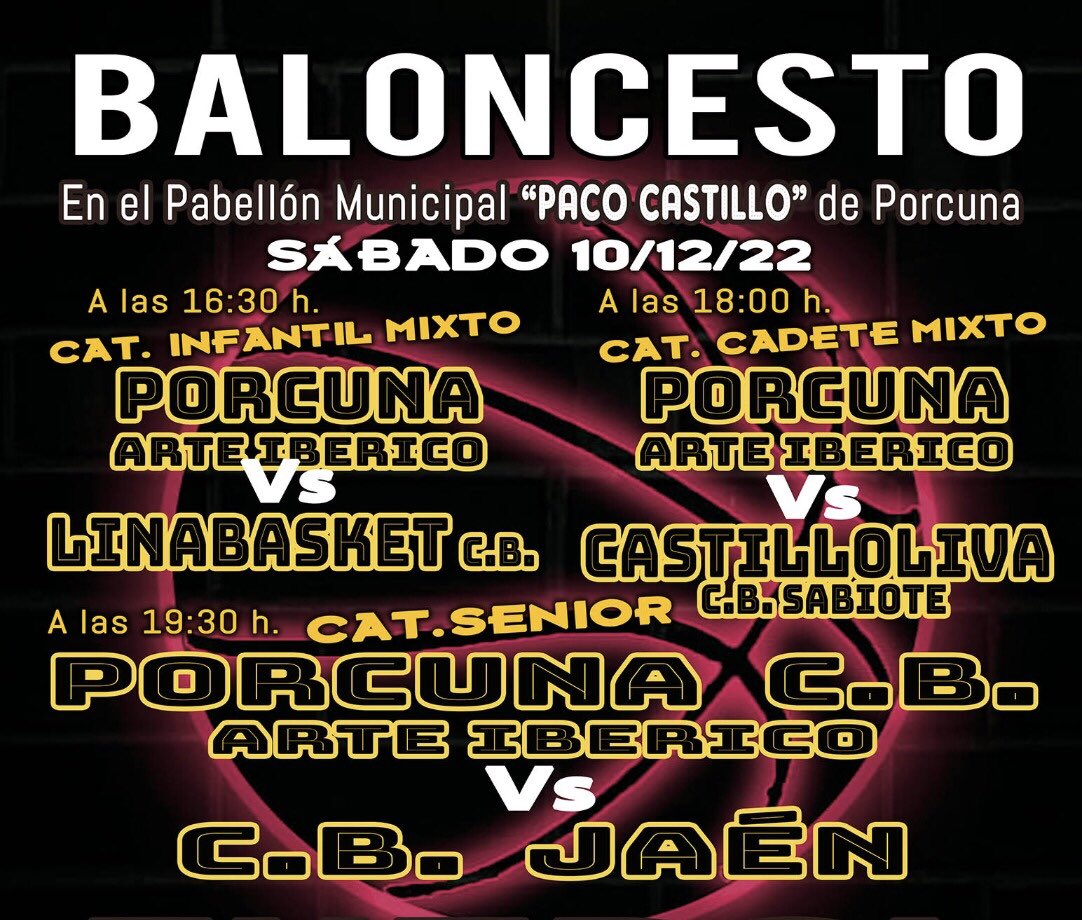PorcunaCB's tweet photo. El Sábado dia 10 tendremos una magnifica tarde de baloncesto, aquí los horarios. 
#porcunacb #arteiberico #jugamosencasa #porcunaclubdebaloncesto #fabjaen https://t.co/coQaChZL59