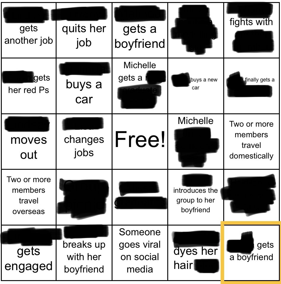 OH MY GOD BEFORE I DELETE THIS PHOTO FROM MY CAMERA ROLL, this was a 2023 bingo involving people in my friend group and SOME OF THESE SQUARES ARE SAVAGE LIKE WHY IS SOMEONE’S RELATIONSHIP ON THE LINE IN ONE OF THESE BOXES
who the heck was past Michelle fighting bruh
