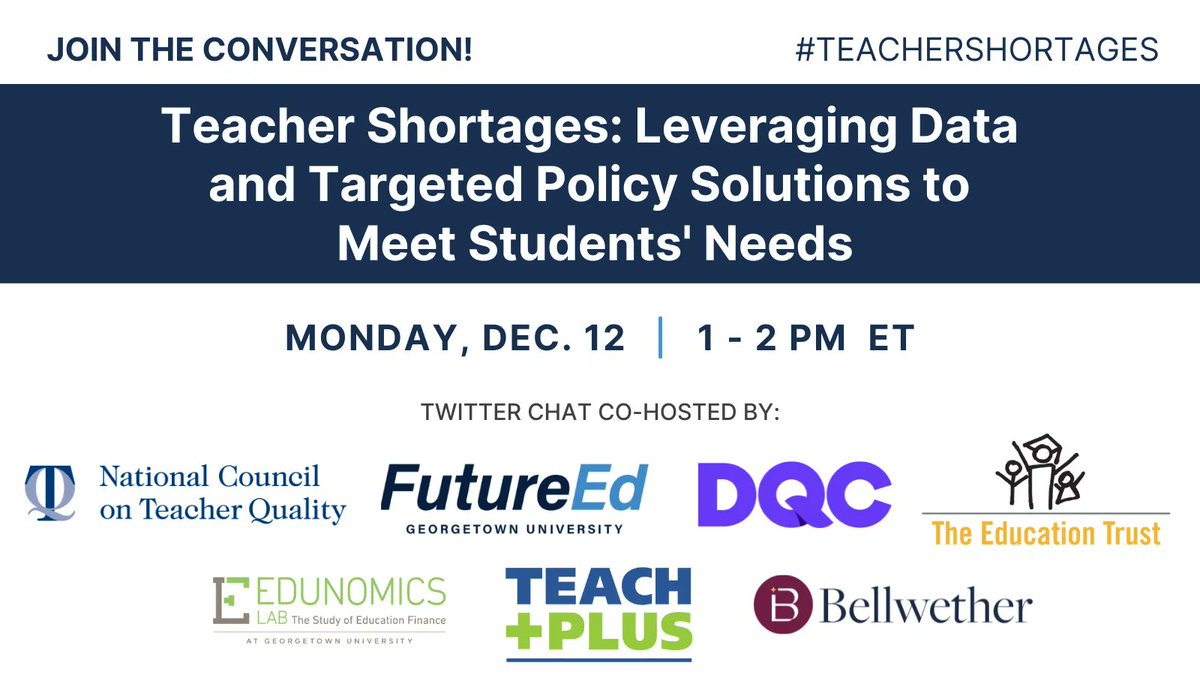 What’s the real story on #teachershortages? What solutions can ed leaders use to address teacher staffing challenges? On Dec. 12 at 1 PM ET, join us along w/ <a href="/bellwetherorg/">Bellwether</a>, <a href="/EdDataCampaign/">Data Quality Campaign</a>, <a href="/EdTrust/">EdTrust</a>, <a href="/EdunomicsLab/">Edunomics Lab</a>, <a href="/FutureEdGU/">FutureEd</a> &amp; @TeachPlus for a live Twitter chat to learn more.