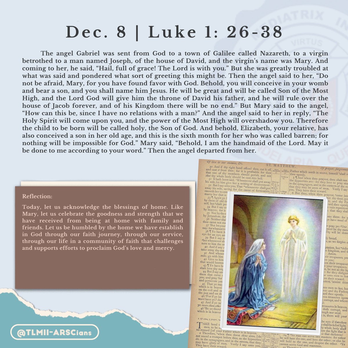 TLMII_ARSCians's tweet photo. Good evening ARSCians! Our Gospel for tomorrow, December 8, 2022, is Luke 1: 26-38.

Thank you and God Bless! 💙

#DailyGospel
#TLMIIARSCians https://t.co/0fjf3iqMpN