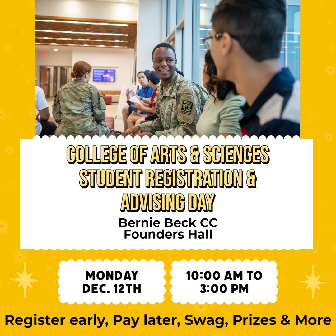 Join <a href="/castamuct/">College of Arts and Sciences TAMUCT</a> for Registration and Advising Day!
Students can discuss holds, register for classes, win prizes and more.

Monday, Dec. 12, 10 a.m. - 3 p.m., Bernie Beck CC, Founders Hall
Register by 1:15 p.m. to be entered to win a raffle prize.
#tamuct #tamuctwarriors