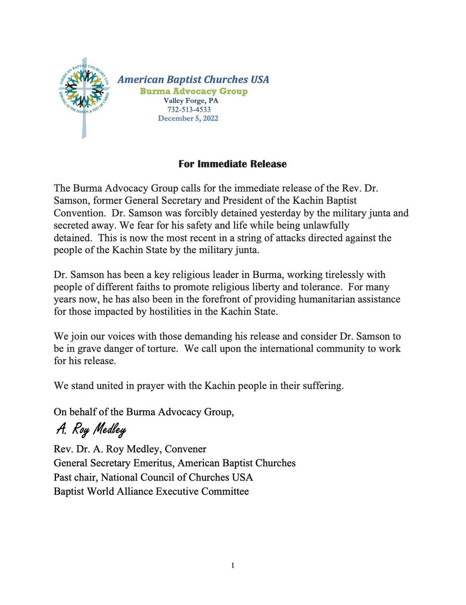It has been 3 days that our faith leader Rev. Dr. Hkalam Samson has been arrested unlawfully by the Burma Junta Army. 

He was the former General Secretary and President of the Kachin Baptist Convention. 

We need solidarity calls for the immediate release of Rev. Dr. Samson!