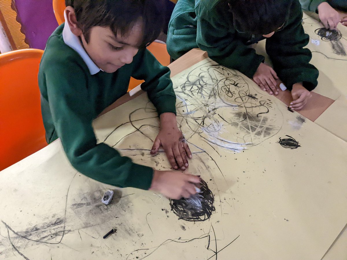 Inspired by the wonderful drawings made by the earliest artists on cave walls, Y1 explored the ways in which they could make marks, lines and different tones using charcoal and chalk. They rubbed &amp; smudged, pressed hard and very lightly, and even used a rubber as a drawing tool.