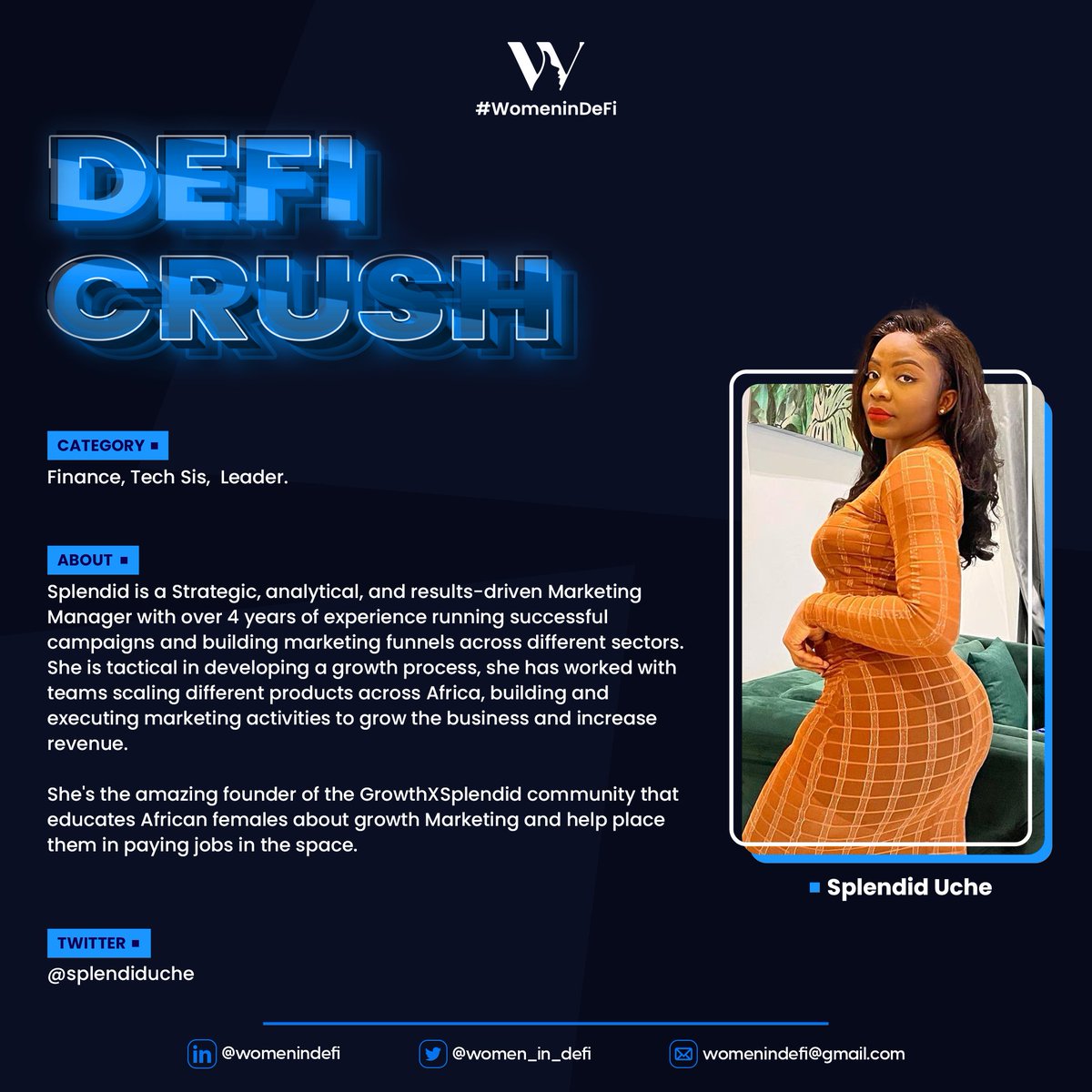 Today we celebrate the beautiful <a href="/splendiduche/">Uchechukwu Splendid</a> the founder of <a href="/growthxsplendid/">GrowthxSplendid</a> 

Thank you for your amazing contribution in helping to onboard for women into the Tech Space. We see you at WID and we celebrate you ma'am 💖

#womenindefi #wednesdaycrush #WID