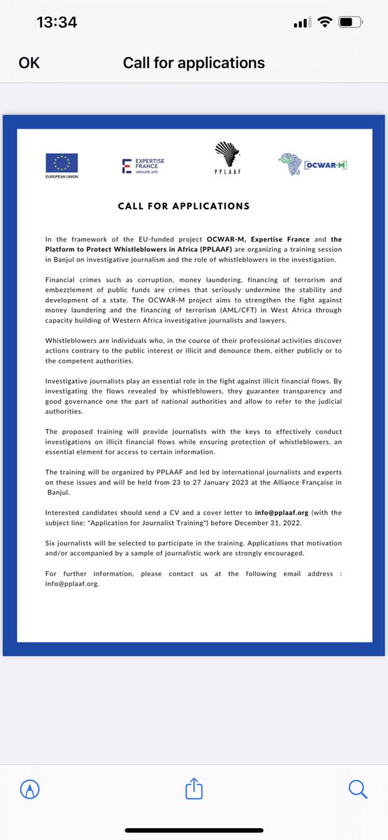 PPLAAF's tweet photo. #Gambia @PPLAAF is organizing with @OcwarM and @ExpertiseFrance a training for journalists on investigative techniques specific to financial crimes and whistleblower protection in Banjul from January 23. If you are interested, do not hesitate to apply. https://t.co/fgxyWyq2p3