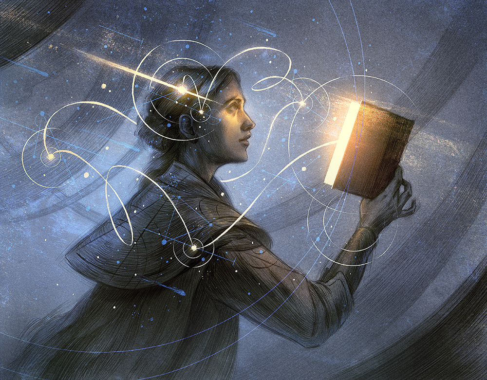 Stroke of Genius by Rovina Cai, an MTG card illustration featuring gold magic spilling from a book into the eyes of a Victorian-dressed person rendered in blue-grey. Many flowing lines.