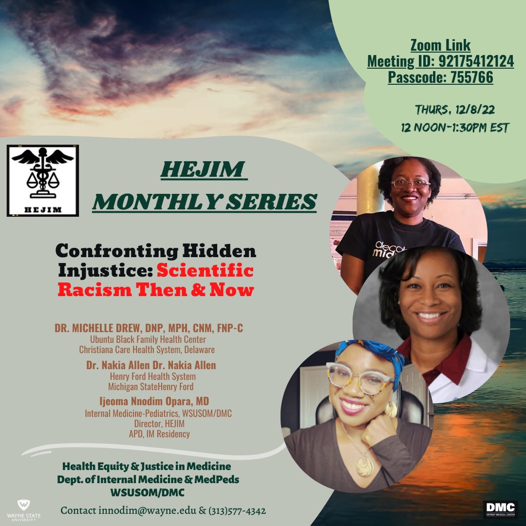 Excited to host my sisters <a href="/iamn0tthe1/">The Rev. Dr. Auntie Michelle She/Her</a> &amp; Dr. Nakia Allen tomorrow for <a href="/waynemedicine/">Wayne State University School of Medicine</a> <a href="/waynestate/">Wayne State University</a> Health Equity &amp; Justice in Medicine #HEJIM discussion: “Hidden Injustice: Confronting Scientific Racism”
