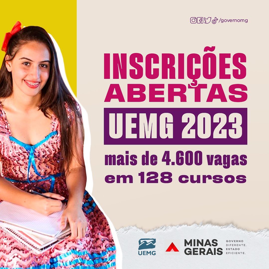 As inscrições para o vestibular UEMG 2023 estão abertas! 👏🏼 Ao todo, são oferecidas mais de 4,6 mil vagas para 128 cursos em 18 cidades de Minas. 🔝

Inscreva-se em ➡️ vestibular.uemg.br

Com educação, #MinasAvança! 🔺🚀