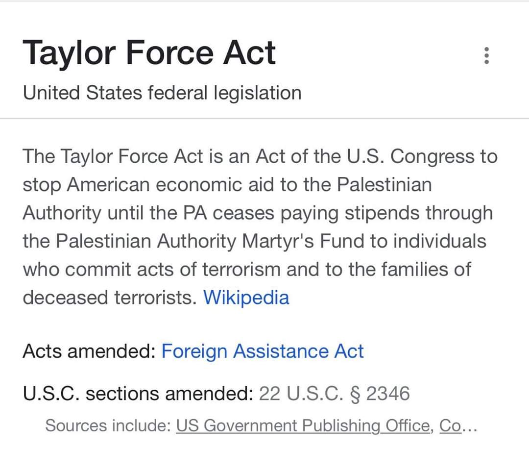 The Taylor Force Act (unenforced by the @POTUS adminstration, which Palestinian terrorism with US taxpayer money - in turn funding terror against US civilians, like last week's bomb blast in #Jerusalem) @SecBlinken #TaylorForceAct