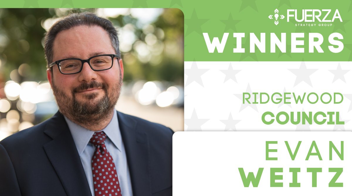 FuerzaStrategy's tweet photo. A big win in Ridgewood for Councilperson-Elect Evan Weitz! We're excited about what this means for the future of the village. Community, small businesses, and good government advocates can rejoice in having an experienced professional joining the governing body. https://t.co/s9lULXPXoE