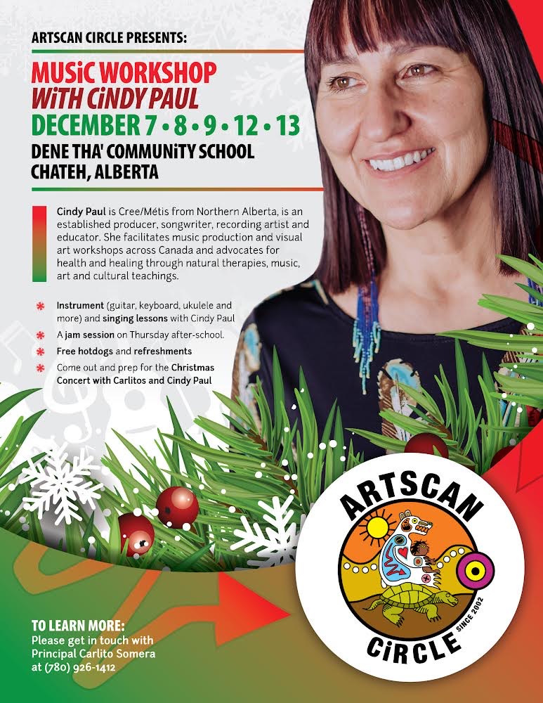 artscancircle's tweet photo. ArtsCan Circle presents a Musical Workshop with @cindypaulmusic at Dene Tha' Community School in Chateh, AB, today through December 13th. Music/singing lessons, refreshments, and a jam session are part of the experience!

#ArtsCanCircle #MusicWorkshops #IndigenousYouth #Chateh https://t.co/Dq4lSCfoRV