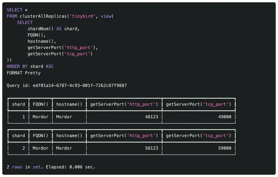 ClickHouseTips's tweet image. A ClickHouse server can open network ports for the 3 supported interface types in ClickHouse: native TCP, HTTP and gRPC.

Here&apos;s how to get the server ports for each interface across a ClickHouse cluster.

tinybird.co/clickhouse/kno…