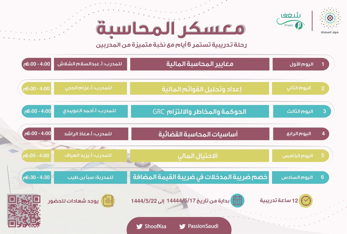 PassionSaudi's tweet photo. حرصًا لتقديم كل ما هو مفيد ويُساعد في مواجهة متطلبات سوق العمل 🤩
وبالتعاون مع منصة شوف المملكة تم إعداد معكسر محاسبة رحلة تدريبية تستمر 6 أيام مع نخبة رائعة ومتميزة من المدربين 

🗓 الاحد 11 ديسمير 
📍عبر منصة zoom
⚠️ يوجد شهادات 

🔗 | لتسجيل : 

https://t.co/qt2t00BzNo https://t.co/CInfEYRiFa