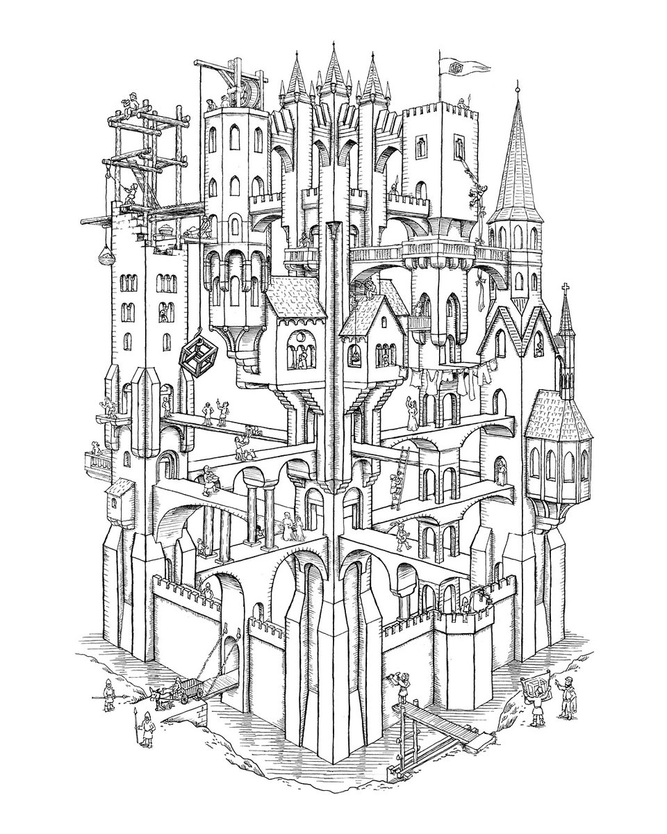 MatejCadil's tweet photo. Escher Castle (2018). Another drawing inspired by M.C. Escher – particularly his famous picture Waterfall, though I tried to use the basic principle (the #impossibletriangle 📐) to make an original creation.
#impossibleobject #penrosetriangle #opticalillusion https://t.co/4fOaWJm0uv