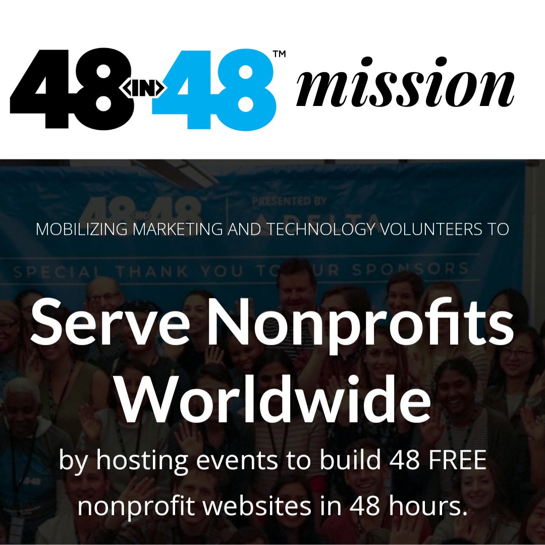 48in48org's tweet photo. Mobilizing marketing and tecnology volunteers to serve nonprofits worldwide by hosting events to biild 48 FREE nonprofit websites in 48 hours.
.
Help carry out our mission in 2023. Visit https://t.co/9vLglf927S for more details. #48in48 #48in48gives #itsourcode https://t.co/HWCLT9heoH