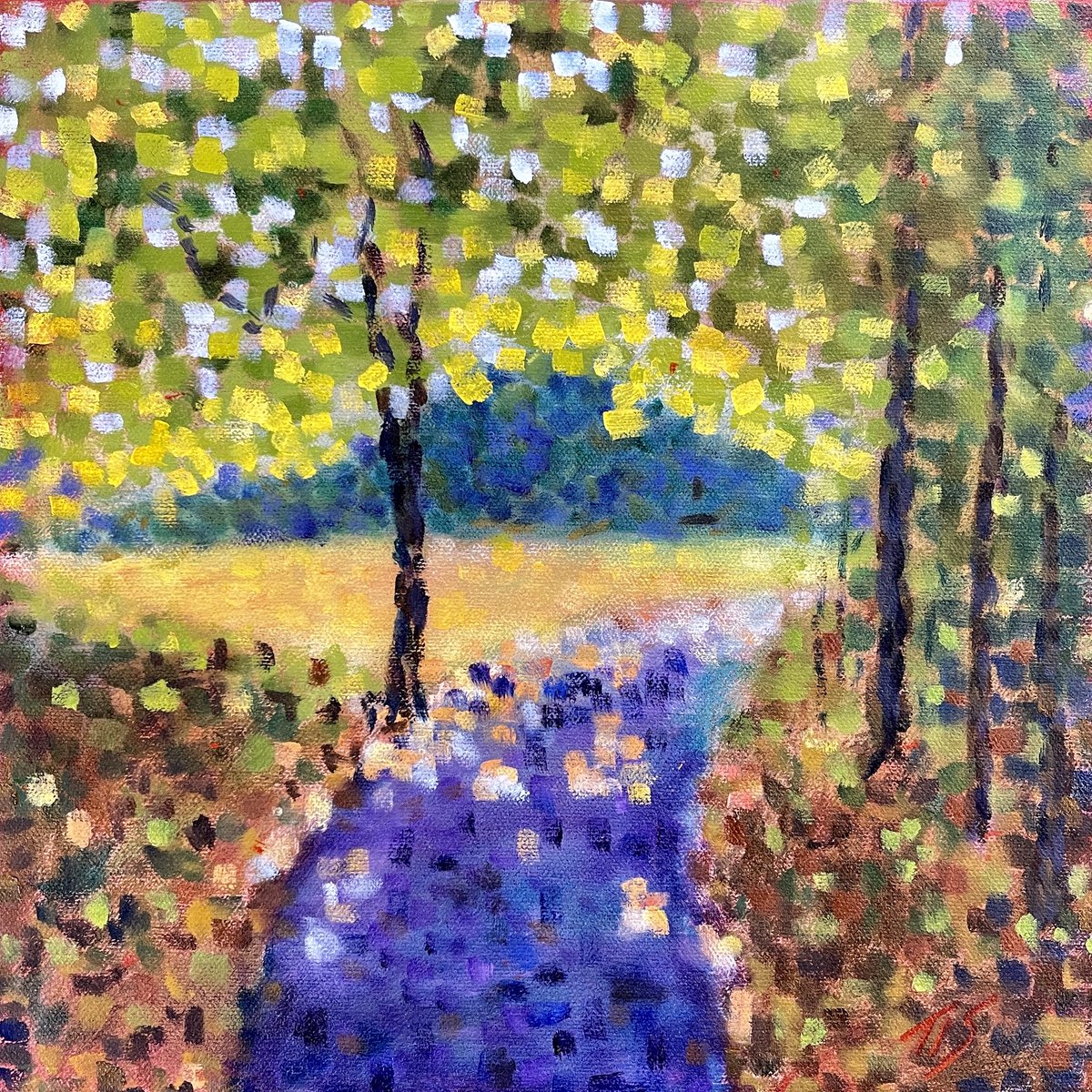 Riverwalk Tree 36.07142N 79.09367W by Thomas Stevens. See this and more at the #ocagnc Holiday show at the Orange County Arts Commission &amp; Eno Arts Mill Eno Mill Gallery, open Dec 2-28 #oil #oilpainting #ncartshttps://artsorange.org/enomill/monthly-mill-openings/