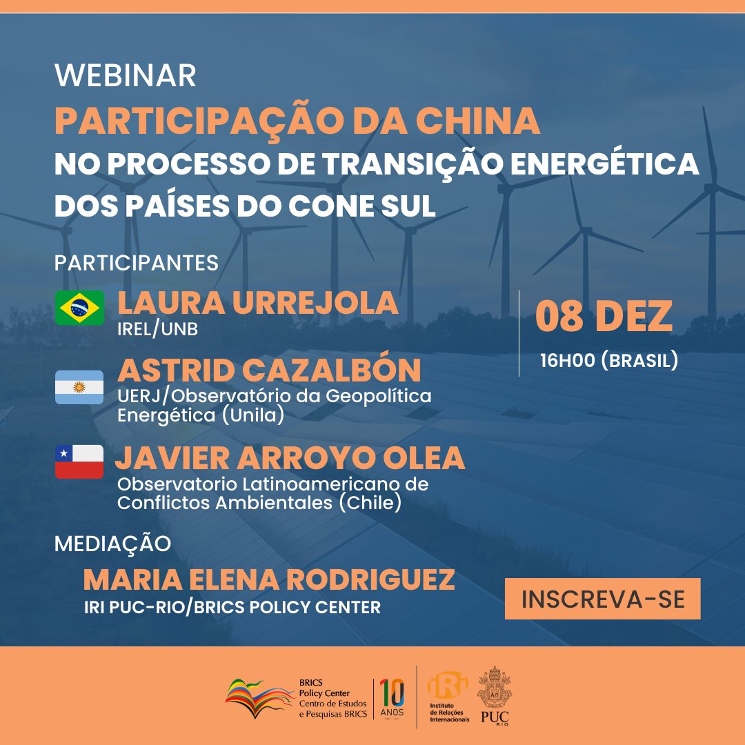 olca_chile's tweet photo. 🔴#InversionesChinas| Este jueves se realizará el webinario "La participación de China en el proceso de transición energética de los países del Cono Sur", donde se abordarán los casos de Brasil, Argentina y Chile.
▶️ Regístrate: https://t.co/Vv7gKPMOiC https://t.co/FA7ENeYhl7