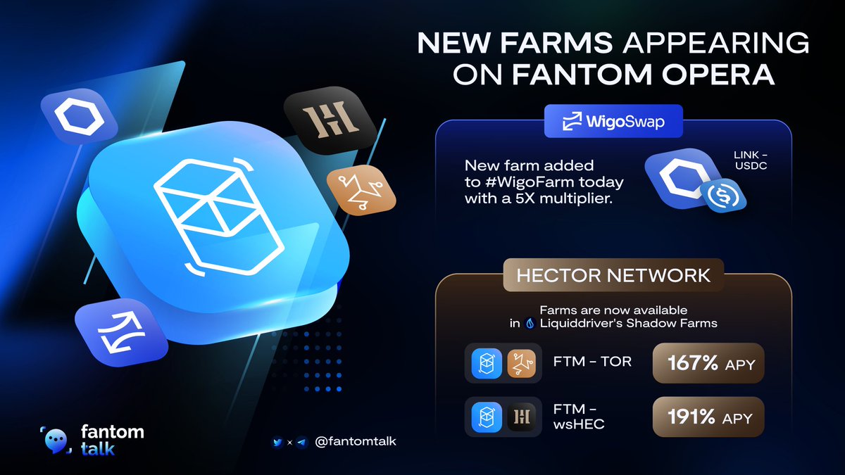 0xSonictalk's tweet photo. NEW FARMS APPEARING ON FANTOM OPERA
Not letting everyone cool off, @Hector_network and @Wigoswap have announced new farms with amazing APY levels on #Shadowfarms of @LiquidDriver and #Wigofarm respectively.
No rest at #Fantom ๐ป
$FTM #Fantom https://t.co/1gFIjHfze5