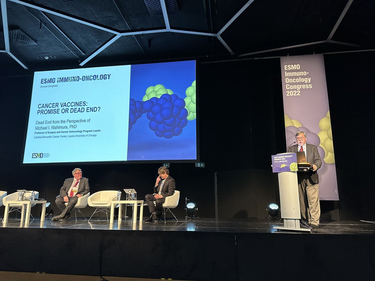 BernardAFox's tweet photo. Prof Michael I Nishimura #adoptive #immunotherapy ROCK STAR @LoyolaChicago #Bernardin Cancer Center / Argues T cells transfer more effective but accepts #cancer #vaccines may have a role but have hurdles/#ESMOImmuno22 @myESMO https://t.co/MyekM8KkX8