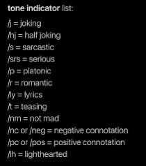 serena_a_rush's tweet photo. Tone Indicators is something I learned from my friends last year, but I’ve never realized the benefits of this. It’s an inclusive way of making sure people know the intent behind each post/text. Miscommunication happens a lot as a human’s emotions can’t be read behind a screen. https://t.co/aZypCGbVvF