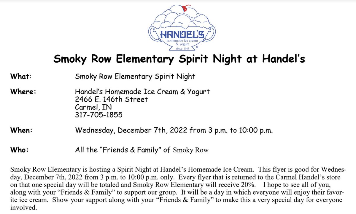 SREPTO's tweet image. Handles Ice Cream treat night! Please plan supporting Smoky Row Elementary by treating yourself and family to some delicious ice cream. Present this flyer or mention Smoky Row to help raise funds for Smoky Row Elementary. Tonight Dec 7th, 3-10 PM!