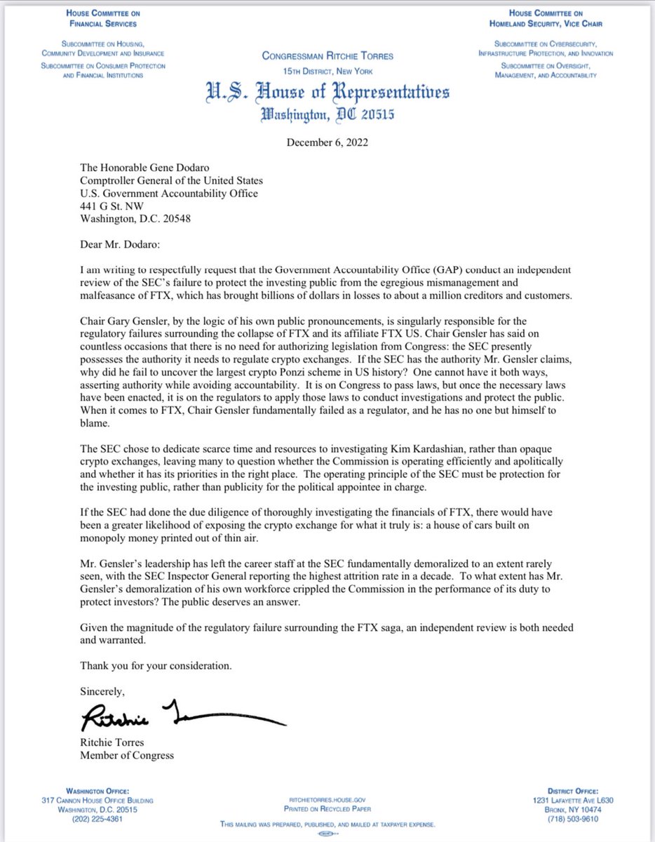 AlexanderGrieve's tweet photo. NEW this morning — Rep. @RitchieTorres (D-NY) calls on the Government Accountability Office (@USGAO) to investigate the SEC’s “failure to protect the investing public from the egregious mismanagement and malfeasance of @FTX_Official” https://t.co/BdT7ZVCM7X