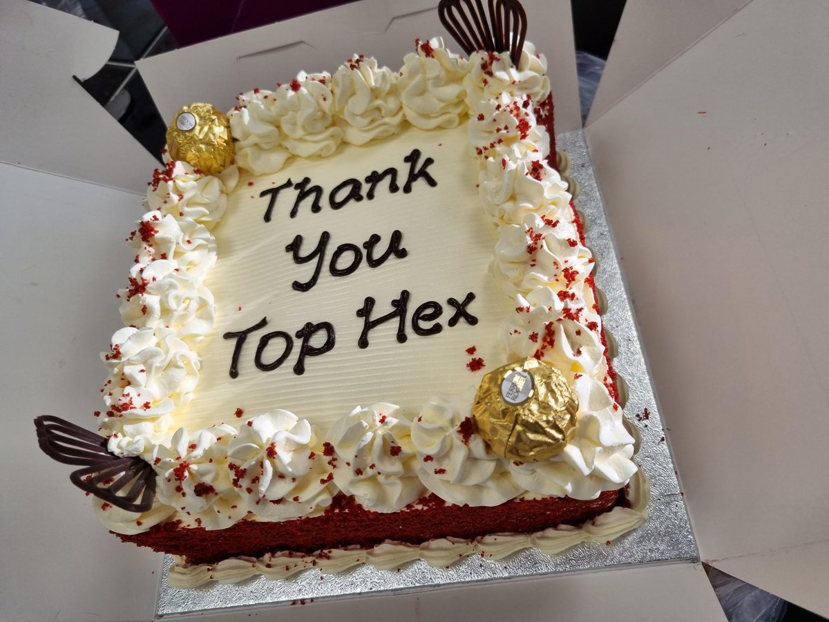 HexLtd's tweet photo. We *just* had time to snap this picture before it was devoured! A wonderful colleague sent this delectable cake to us as we helped them move yesterday. Not necessary, but so welcome in this weather! 😋🍰 #bestcolleagueever #employeeoftheyear #cakedelivery #bakeoff #delicious https://t.co/C1nWIfz9hv