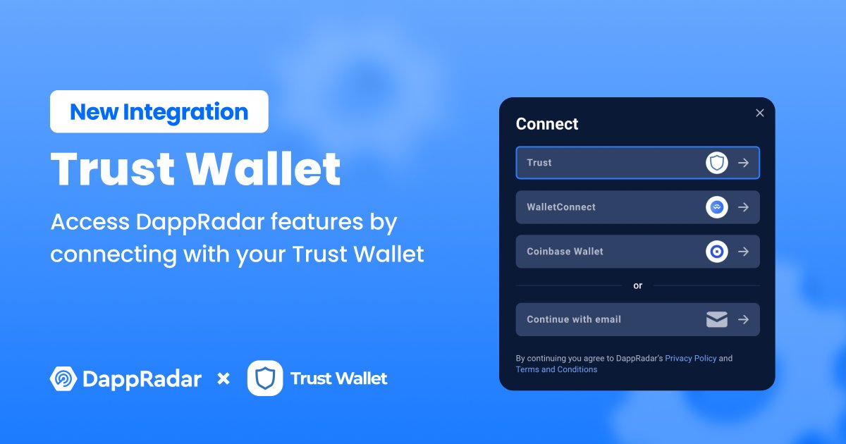 DappRadar's tweet photo. 🎊New Integration Alert  
 
Trust Wallet Browser Extension 
 
📈 You can now keep track of your digital assets on @TrustWallet while exploring the world of #dapps on DappRadar.

(1/3) https://t.co/0uvfrauzg0