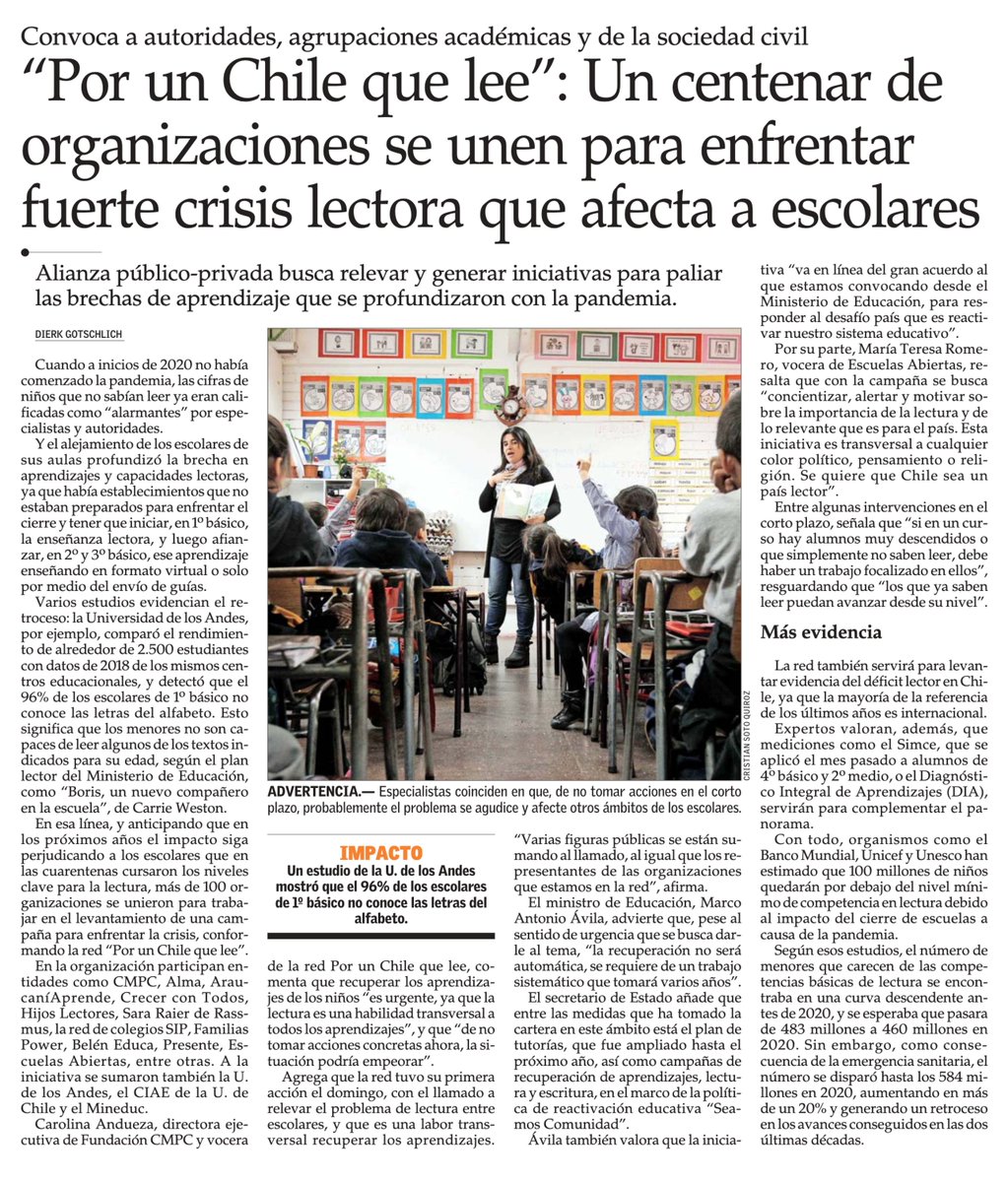 Noticias| "Por un chile que lee": Un centenar de organizaciones se une para enfrentar fuerte crisis lectora que afecta escolares. vía @ElMercurio_cl