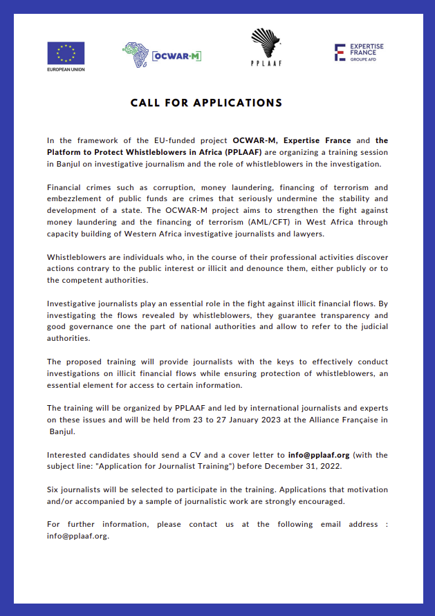 OcwarM's tweet photo. 🚨 CALL FOR APPLICATIONS 🚨

@OcwarM &amp; @PPLAAF are organizing a training session in the #Gambia 🇬🇲 for investigative journalists from January 23 to 27, 2023

It will focus on the techniques to conduct #investigations on financial crimes and cooperation with #whistleblowers 📣 https://t.co/1oYCyvyUxw