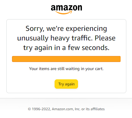 BirdOPrey5's tweet photo. Wow @amazon is DOWN! The site loads but can't place an order! It's time to PANIC!

For the first time in my adult life Amazon is down!
#amazon #amazondown #amazonisdown
It also won't let me track packages on the way... https://t.co/foHD0qLVCk