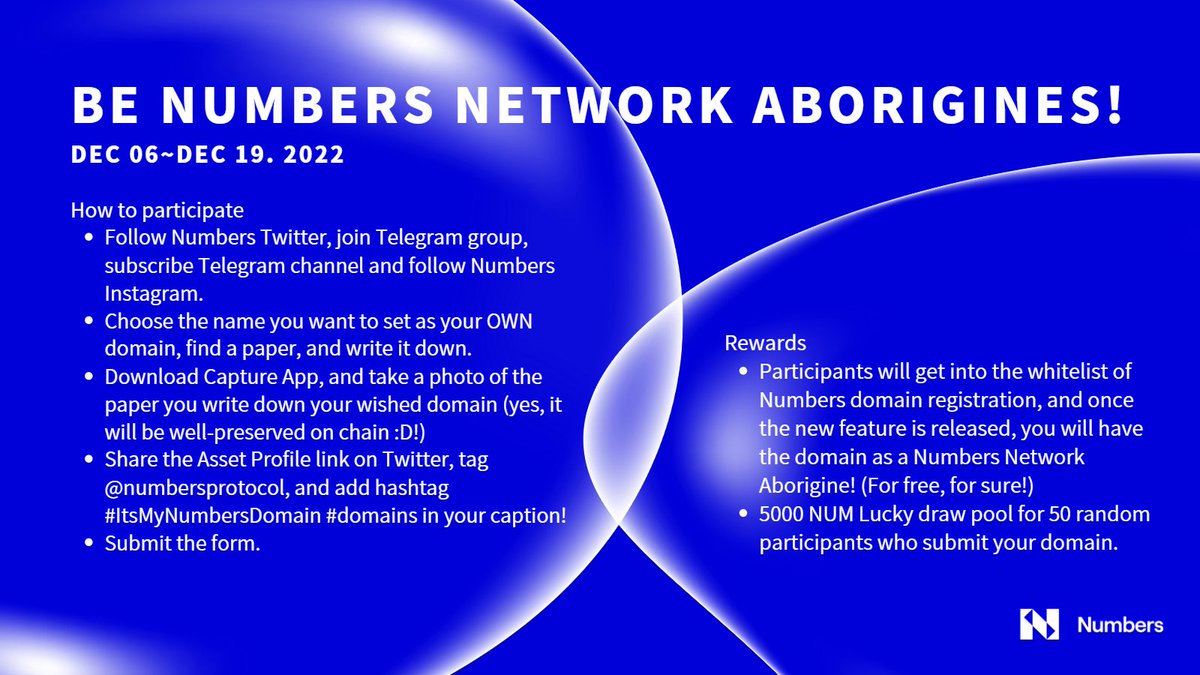 numbersprotocol's tweet photo. Be Numbers Network Aborigines!
Select your OWN domain in Numbers network and join the 5K NUM lucky draw pool💰
⏰Dec 6 ~ Dec 19
👇How to participate
Submission form: https://t.co/uuIVL3TDaT https://t.co/v1bGwRkudw