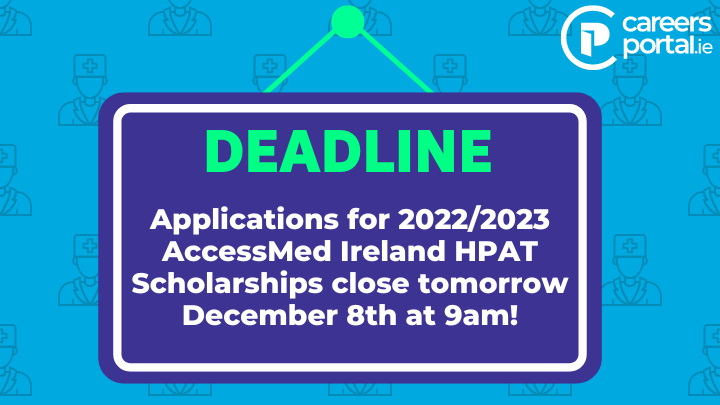⚠️Applications for the 2022/2023 AccessMed Ireland HPAT Scholarships close tomorrow 8th of December at 9am!

➡️Click here to apply: 🔗accessmedireland.com/hpatscholarshi…

<a href="/AccessMedIre/">AccessMed Ireland</a> #HPAT #Medicine #Scholarship #LeavingCert