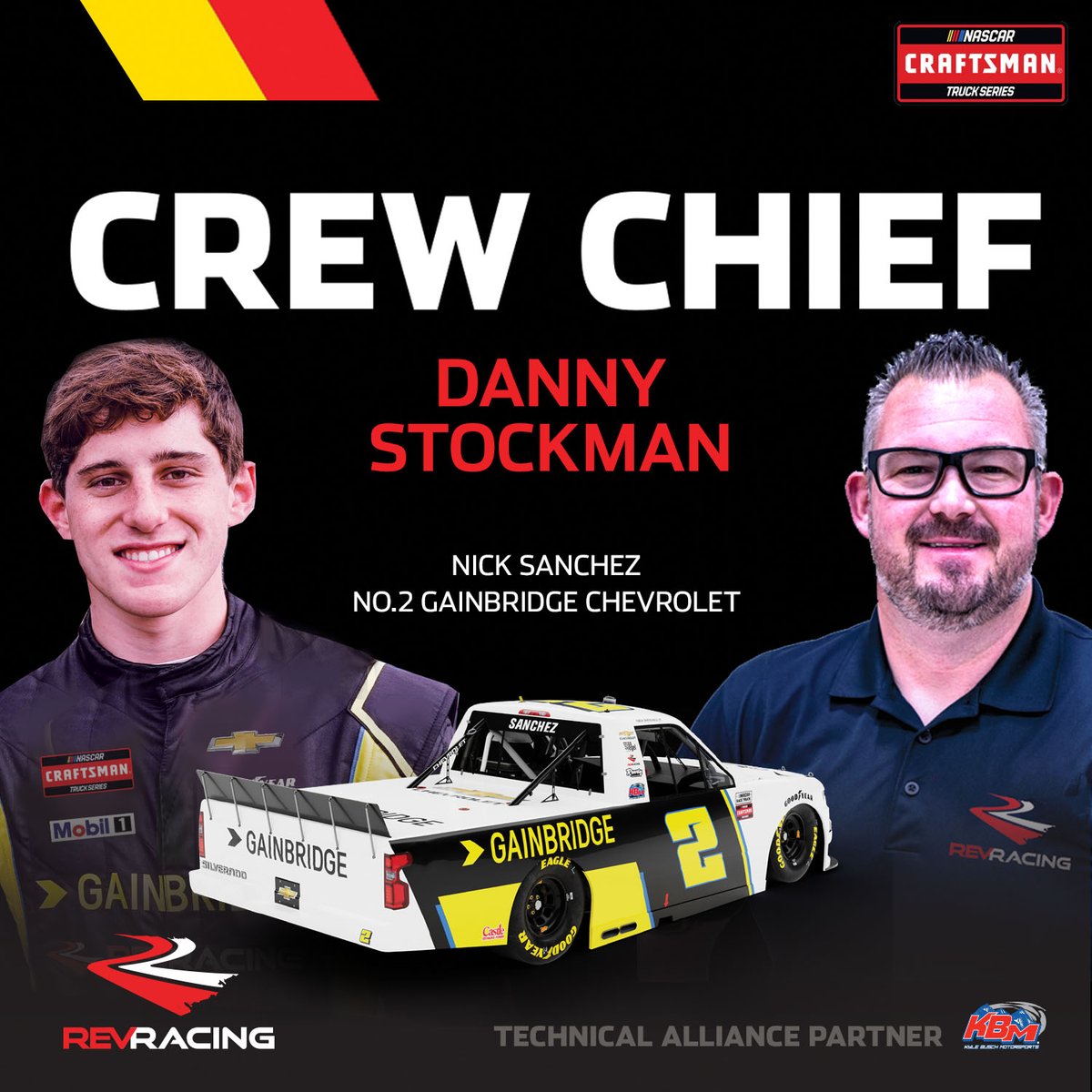 .<a href="/Dstockman3/">Danny Stockman</a> named crew chief for the No. 2 <a href="/GainbridgeLife/">Gainbridge</a> Chevrolet team in the NASCAR Craftsman Truck Series. 

Read full release 👉 bit.ly/3F2hlBO

<a href="/Nicksanchez080/">Nicholas Sanchez</a> | #TeamChevy | <a href="/GainbridgeLife/">Gainbridge</a> | <a href="/Max_Siegel/">Max Siegel</a> | <a href="/NASCAR_Trucks/">NASCAR CRAFTSMAN Trucks</a>