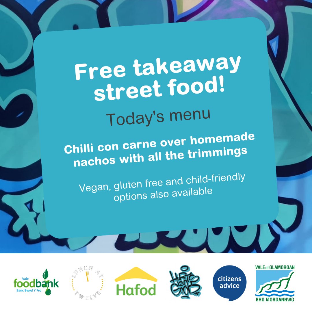 Tonight it's chilli night!

📍 The pop-up Golau Food Project, Broad Street, Barry, CF62 7TZ 
🕓 4 - 6pm today
ℹ️ orlo.uk/mXc0l

Everyone is welcome! Meals subject to availability.
