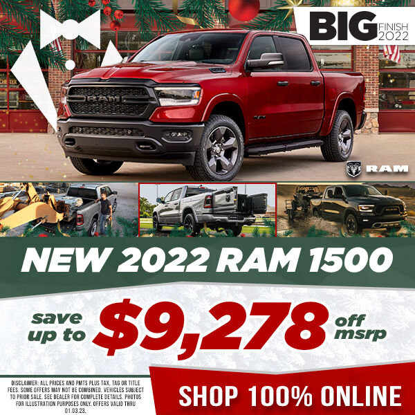 JimButlerCDJR's tweet image. Finish the year strong at Jim Butler CDJR! During the #BigFinishSalesEvent, you can save up to $9,278 on a new Ram 1500. Check out the rest of our amazing offers and close 2022 on a win! bit.ly/3Hf1TVK

#BigFinish2022 #Ram1500 #RamTrucks #Savings #HurryIn