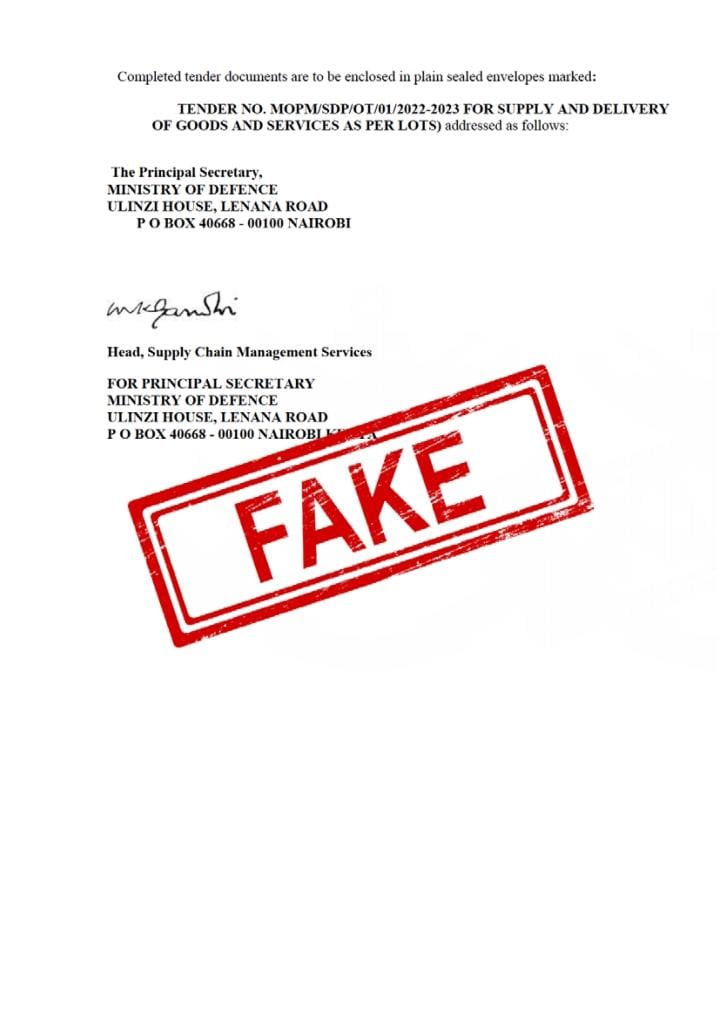 kdfinfo's tweet photo. Members of the public are notified that the Ministry of Defence has not issued the under mentioned tender. It is fake. Always verify all information on tender advertisements by MoD on our social media pages or by contacting the Ministry of Defence.

https://t.co/003GJ8ZL0V https://t.co/scWXrDD17n
