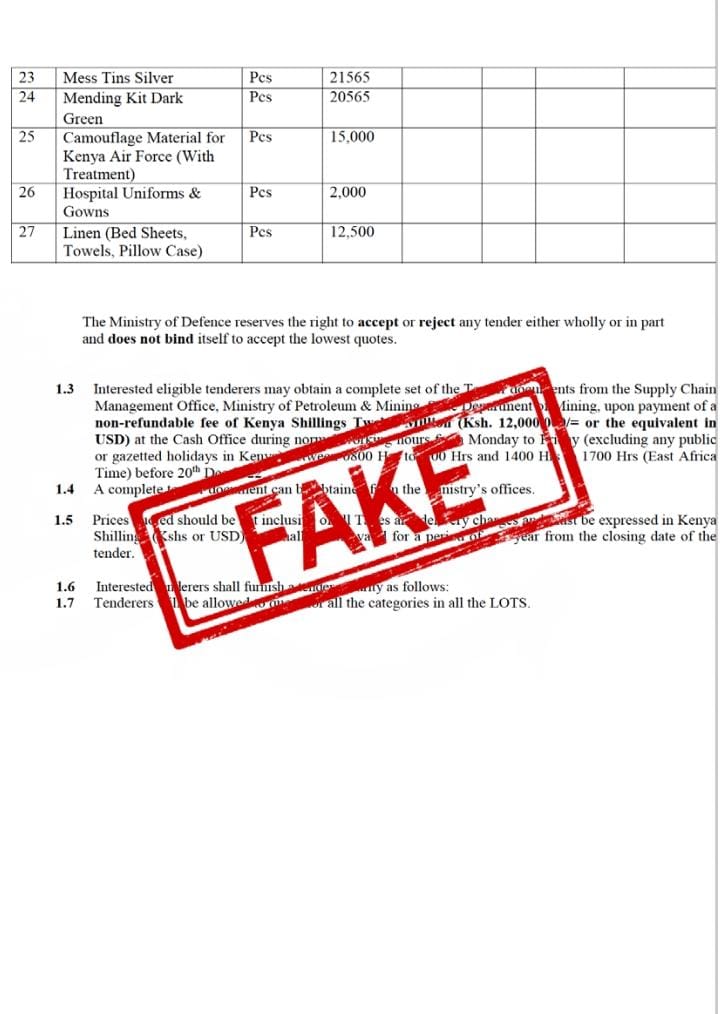 kdfinfo's tweet photo. Members of the public are notified that the Ministry of Defence has not issued the under mentioned tender. It is fake. Always verify all information on tender advertisements by MoD on our social media pages or by contacting the Ministry of Defence.

https://t.co/003GJ8ZL0V https://t.co/scWXrDD17n
