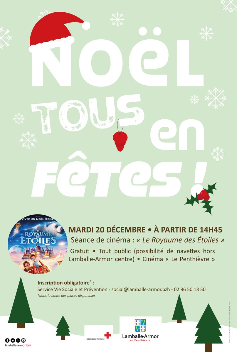 | Noël tous en fête 🎅|

Inscrivez-vous à la séance de cinéma "Le Royaume des Étoiles" mardi 20 décembre, une animation organisée dans le cadre de Noël Tous en Fête et porté par le CCAS de la Ville ❄️

Gratuit, tout public, pour s'inscrire c'est par ici 👉 bit.ly/3Y21nAE