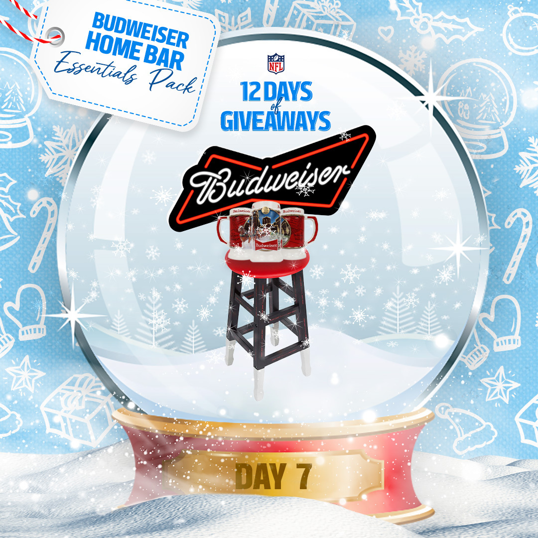 NFLCanada's tweet image. It's Day 7 of #12DaysOfGiveaways! 🙌  

Take game day to the next level with a chance to win a Budweiser Home Bar Essentials Pack. 🍺 #ThatsWhatBudsDo 

Here’s how to enter:⁣  
1. Follow @NFLCanada &amp;amp; @BudweiserCanada  
2. Retweet this tweet