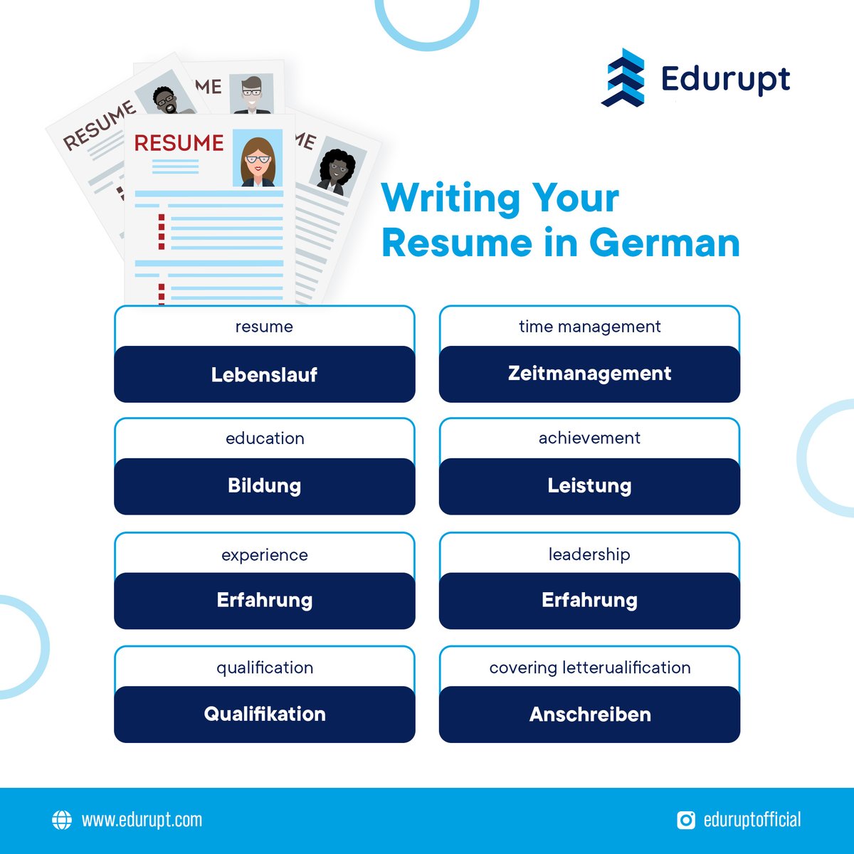 eduruptofficial's tweet photo. Let's Learn some words that you can use in your #Resume in German

Learning German isn't difficult anymore!

For a free demo: Call or WhatsApp us on  
📞8113822333
Contact us: https://t.co/CwG1jriCPR"

#German #germany #Languages #LanguageLearning #germanwords #DoYouKnow #edurupt https://t.co/1qwsw1bXNB