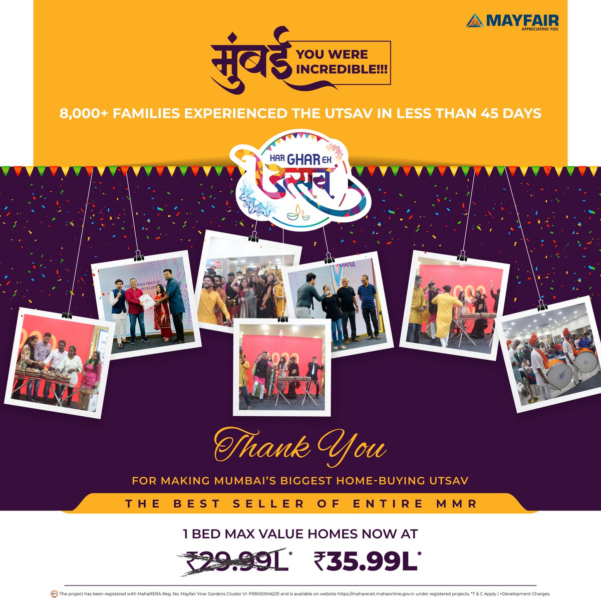 Xanadu_Realty's tweet photo. We Dreamed, We Dared, and We Delivered.

We made ‘Mumbai's Biggest Home-Buying Utsav – Har Ghar Ek Utsav’ the Best Seller of the Entire MMR!

8000+ Walk-ins | 5 Towers Sold Out | 250 CR+ Revenue

IN JUST 45 DAYS

Mayfair Virar 2.0 is coming back soon

#InspiringMomentum #Showreel https://t.co/vS132X0R68