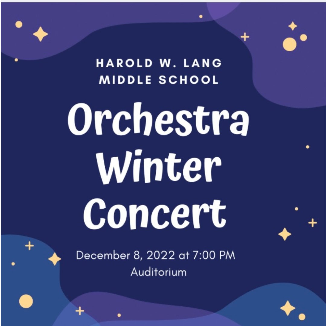 Join us Thursday,  December 8th at 7pm in the auditorium for our Orchestra Winter Concert!!

¡Únase a nosotros el jueves 8 de diciembre a las 7 p. m. en el auditorio para nuestro concierto de invierno de orquesta!