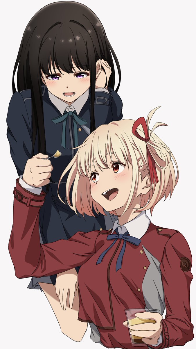 inoue takina ,nishikigi chisato multiple girls 2girls lycoris uniform blonde hair ribbon black hair long hair  illustration images
