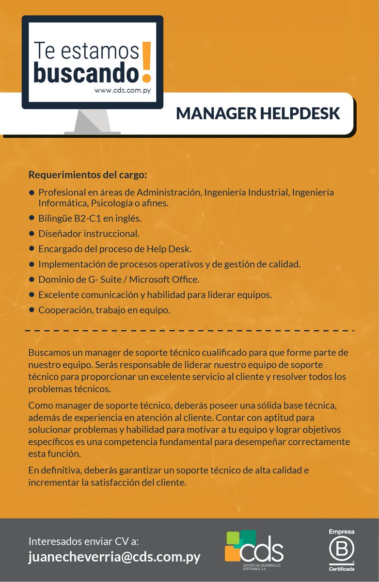 cds_py's tweet image. ¡¡Te estamos buscando!! ¿¿Queres trabajar??Si tienes los siguientes talentos, mándanos tu CV.