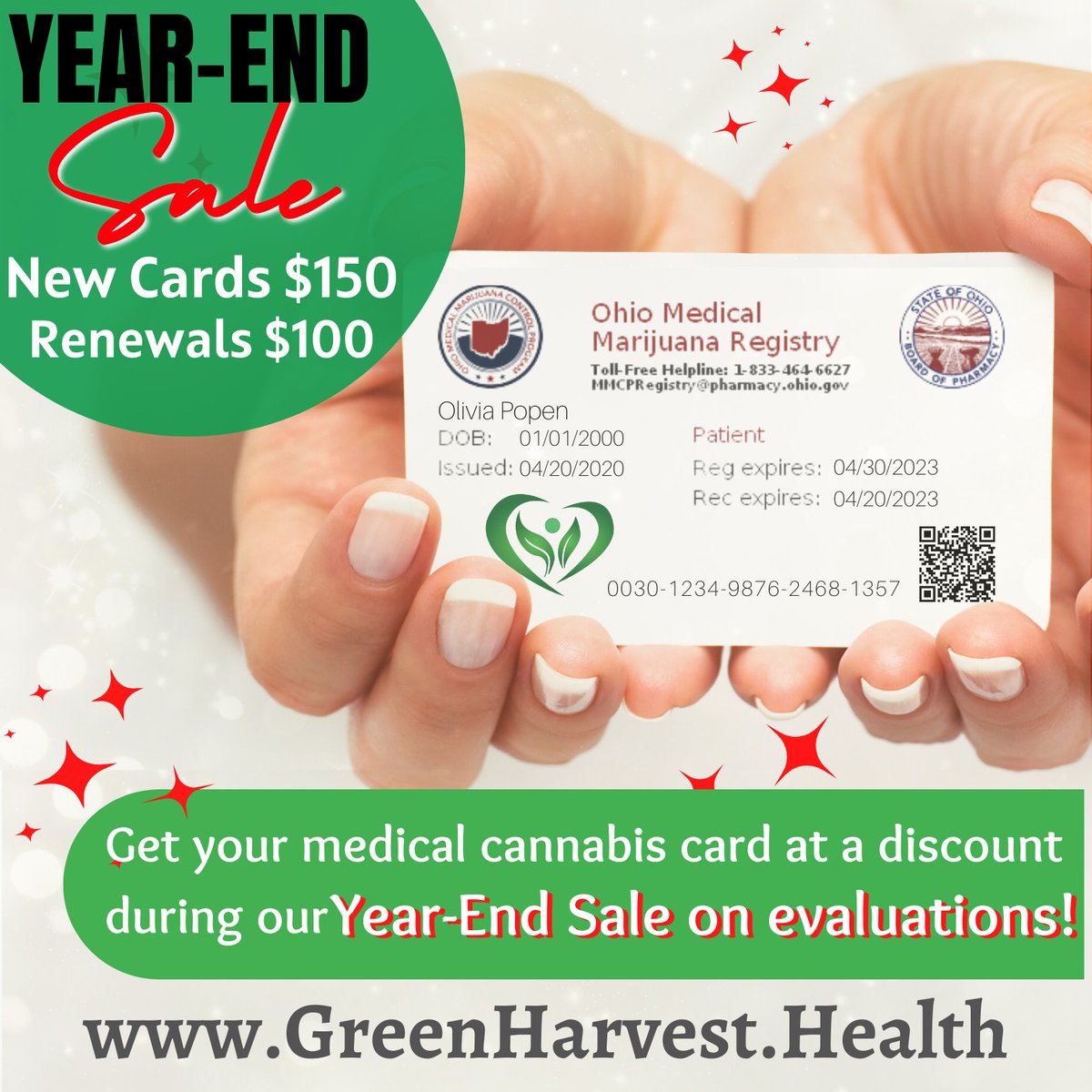 GreenHarvHealth's tweet photo. We're ending the year with a SALE! You're able to have your medical cannabis evaluations and treatment plan with a leading cannabinoid medicine doctor. See how we can help you Reclaim Wellness.
https://t.co/MsthVzNiut or 614-636-5003
#GreenHarvestHealth #leading #topbiz https://t.co/xJ66k6zvlo