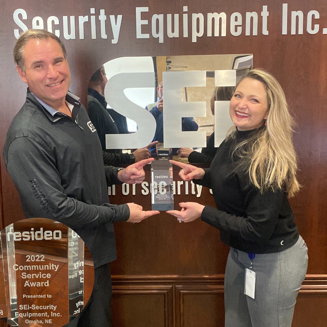 SEi_Security's tweet photo. SEi was honored for the 9th year in a row with the Community Service Award from Resideo. Receiving the award is our Director of Marketing & Sales Operations, John Dawson and our Marketing Manager, Tiffany Brown. #SEiSecurity #Resideo #Community #CommunityServiceAward https://t.co/JVhxzIlfNF