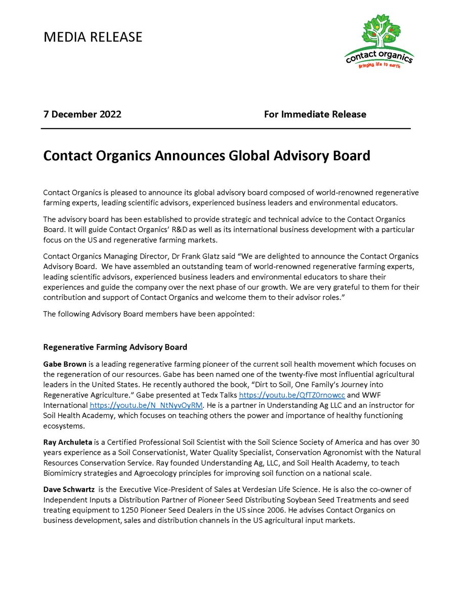 ContactOrganics's tweet photo. Contact Organics is pleased to announce its Global Advisory Board composed of world-renowned regenerative farming experts, leading scientific advisors, experienced business leaders &amp; environmental educators.
For more details visit: https://t.co/8mCRYkUmw4
#weedterminators https://t.co/pPHuAuHInr